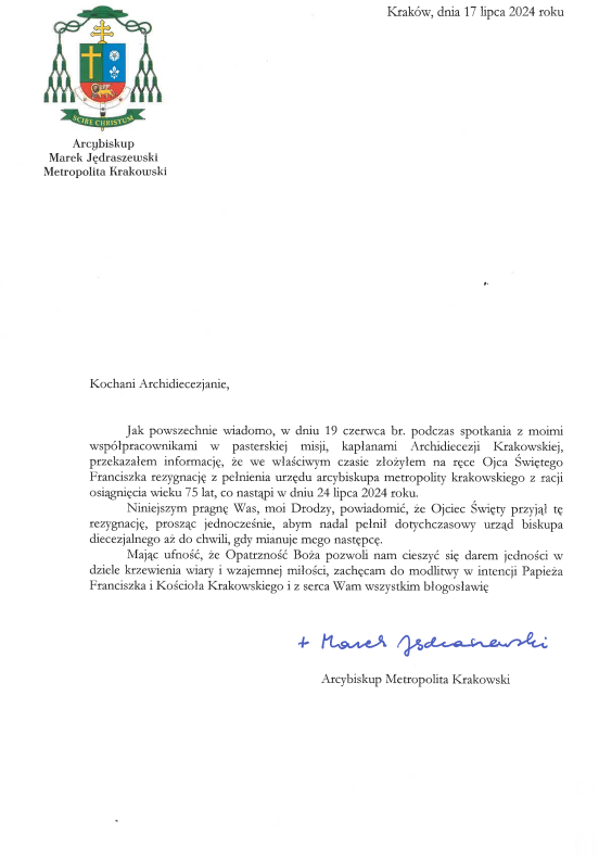 List Arcybiskupa Metropolity Archidiecezji Krakowskiej
